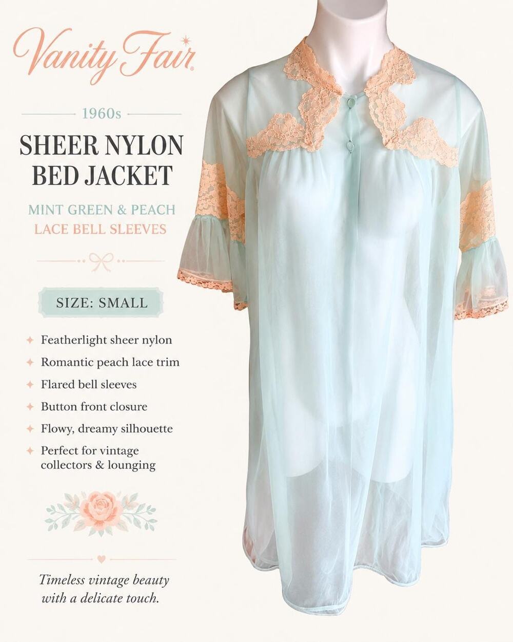 1960s Sheer Baby Blue Nylon Bed Jacket Lace Bell Sleeves Vanity Fair Sz S